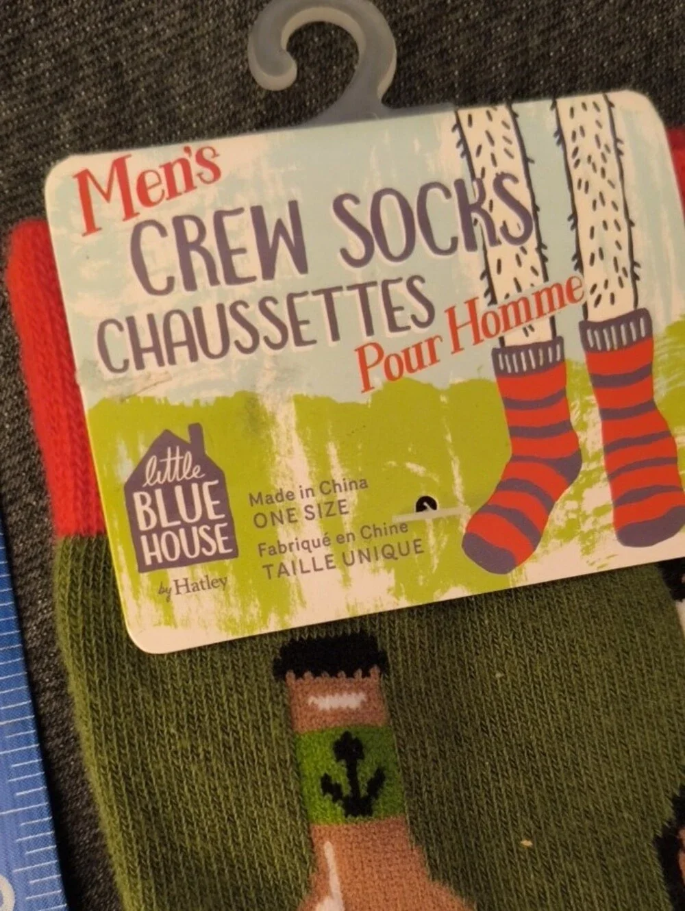 Men's Olive Green Beer Bottle Crew Socks with Orange Accents